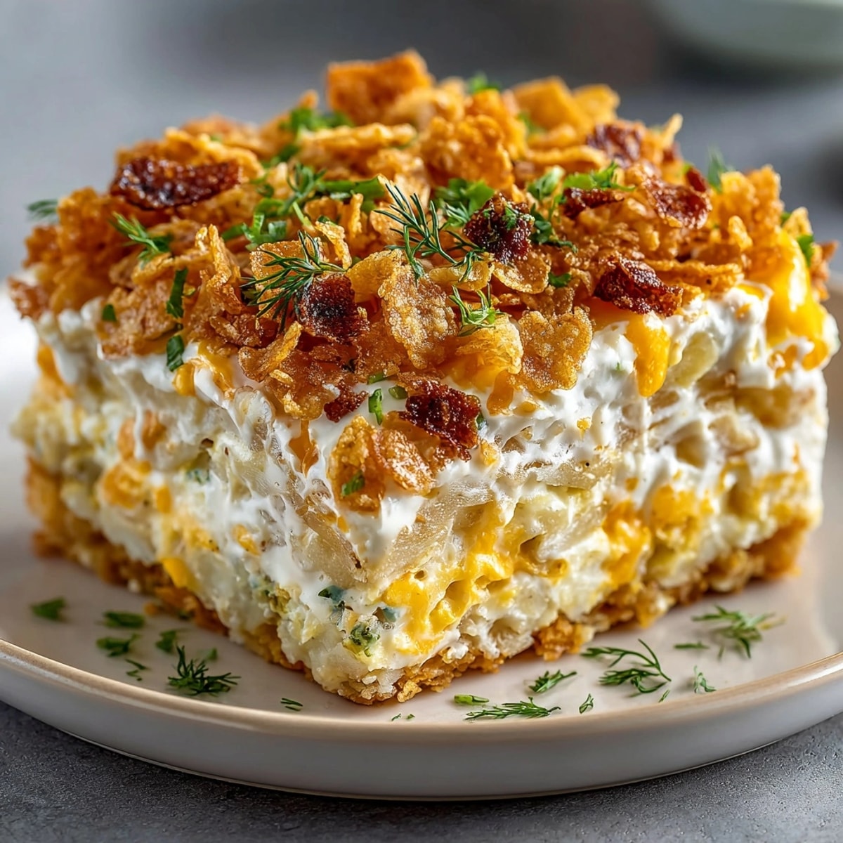 Golden, bubbly Midwest Classic Funeral Potatoes with Pickle Ranch Twist, ready to scoop and serve.