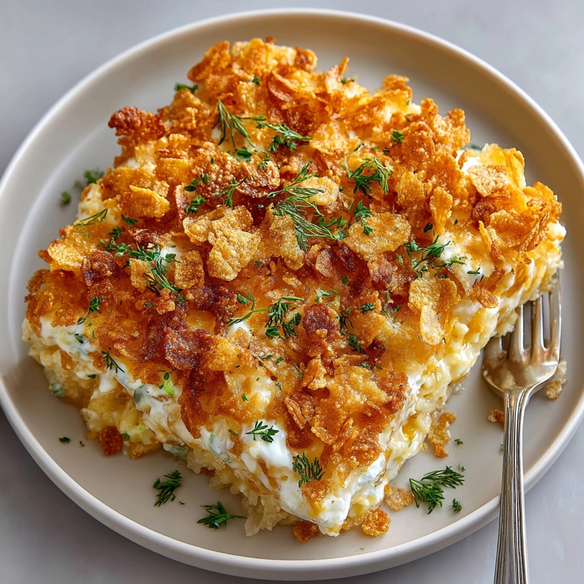 Hearty Midwest Classic Funeral Potatoes with Pickle Ranch Twist: a comforting, flavorful side dish for your next potluck.