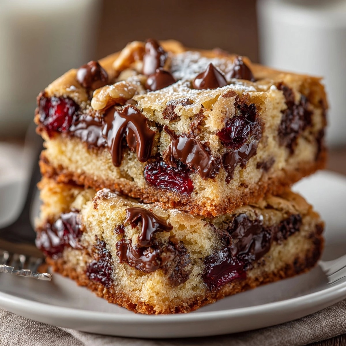 Classic American Cherry-Coded Chocolate Chip Cookie Bars, golden brown with melty chocolate and sweet cherries.