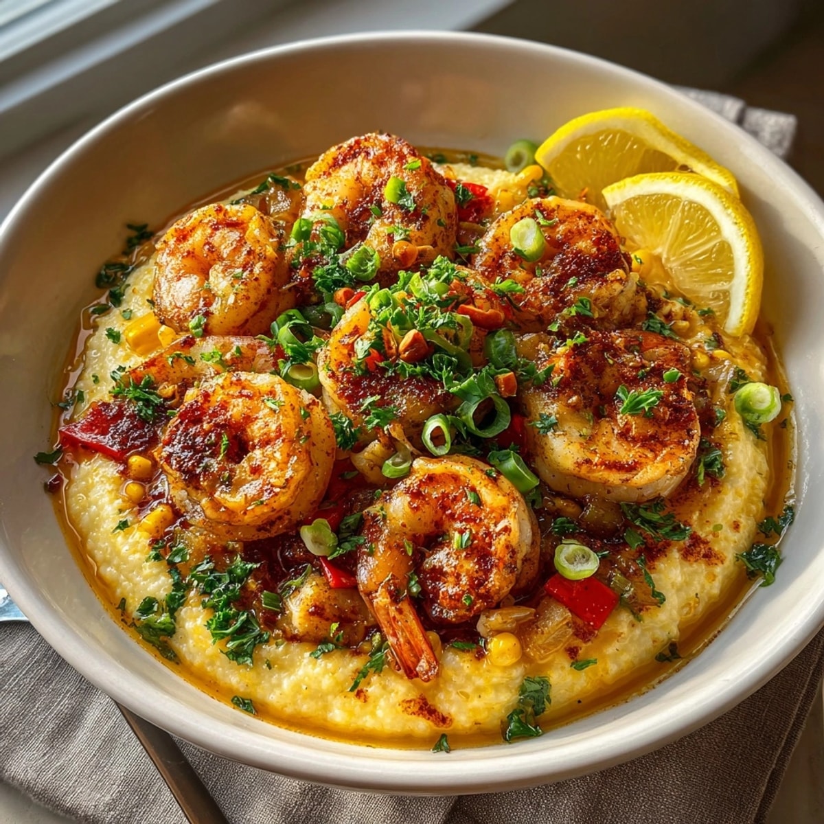 Sizzling shrimp over cheesy grits complemented by Rebel Float corn in this Southern dish.