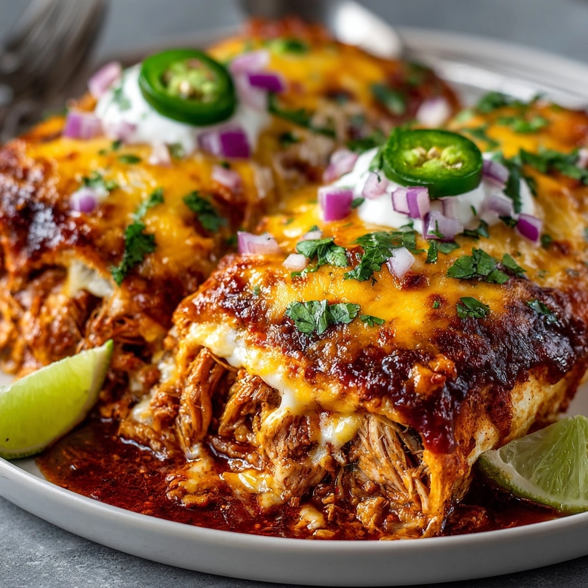 A close-up shows Spiced Southwest Pickle Margarita Chicken Enchiladas after baking, covered in melted cheese.