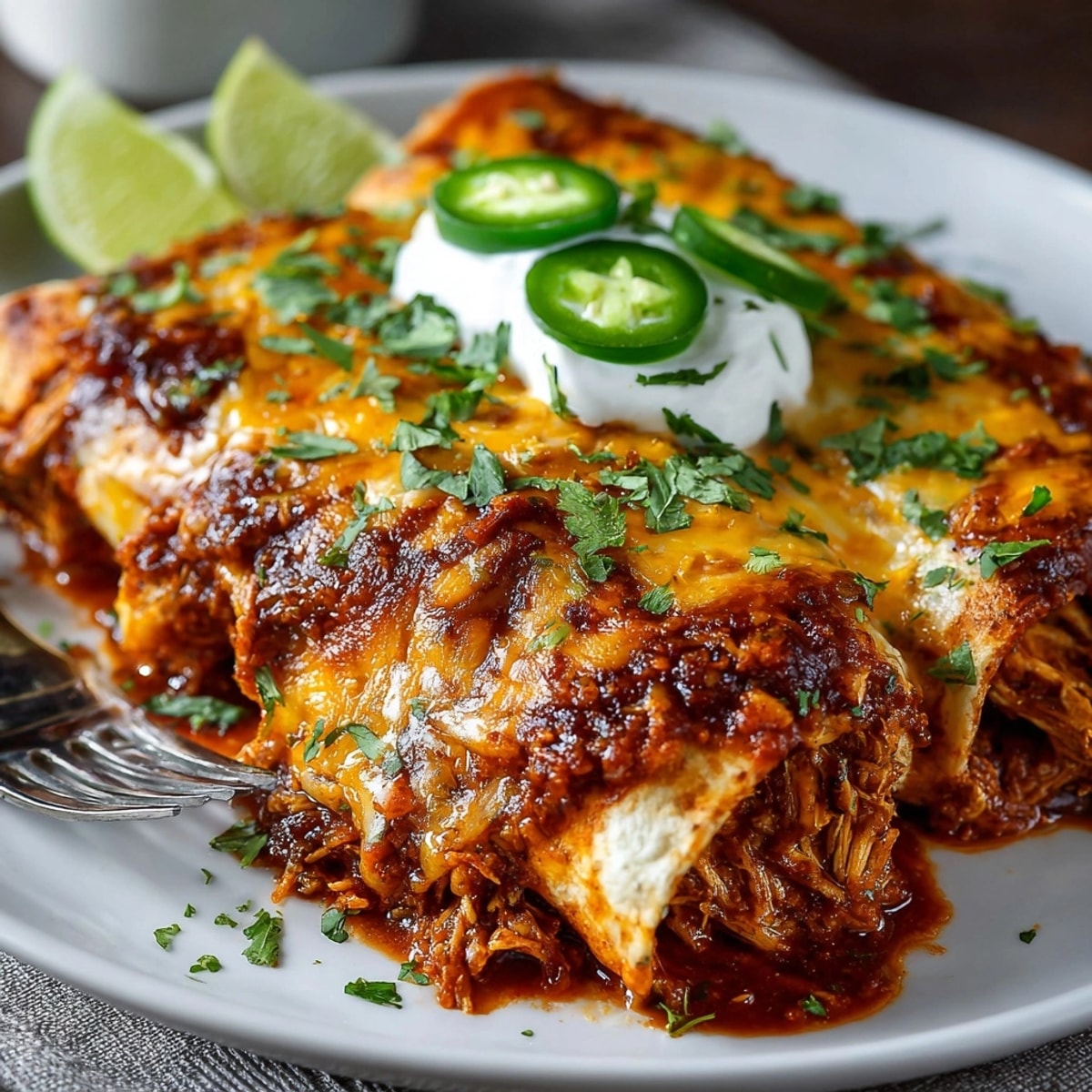 Golden-brown Spiced Southwest Pickle Margarita Chicken Enchiladas bubbling with spicy southwest sauce, near lime wedges.