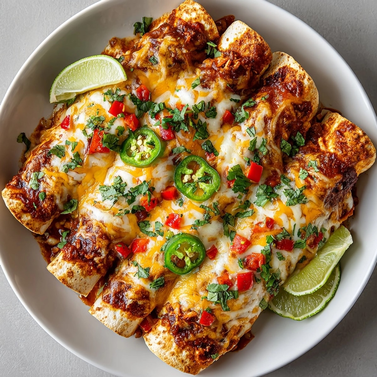 Freshly garnished Spiced Southwest Pickle Margarita Chicken Enchiladas, a colorful dish with cilantro and jalapeños.