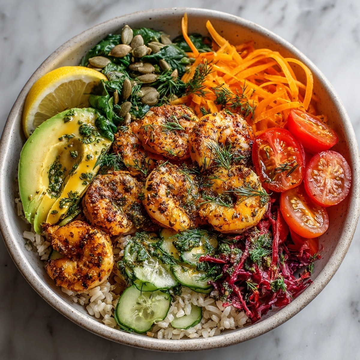 A colorful Western Fresh Buddha Bowl, showcasing fresh vegetables and shrimp with Fisherman's Pride Dressing.