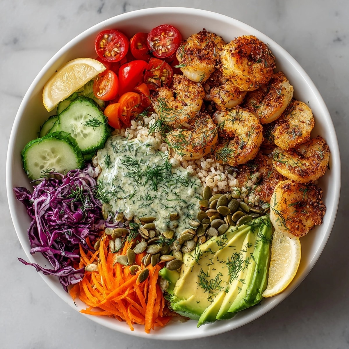 Imagine a delicious Western Fresh Buddha Bowl, packed with shrimp and herbs, served for a pescatarian lunch.