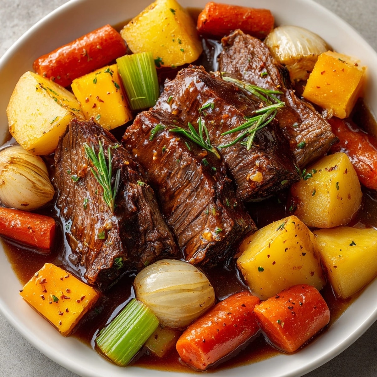 A close-up of the hearty Midwest slow cooker pot roast showcasing fork-tender beef and vegetables.