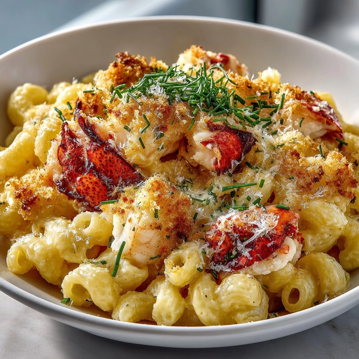 Creamy Coastal Lobster Roll Mac and Cheese with golden breadcrumbs, ready to serve.