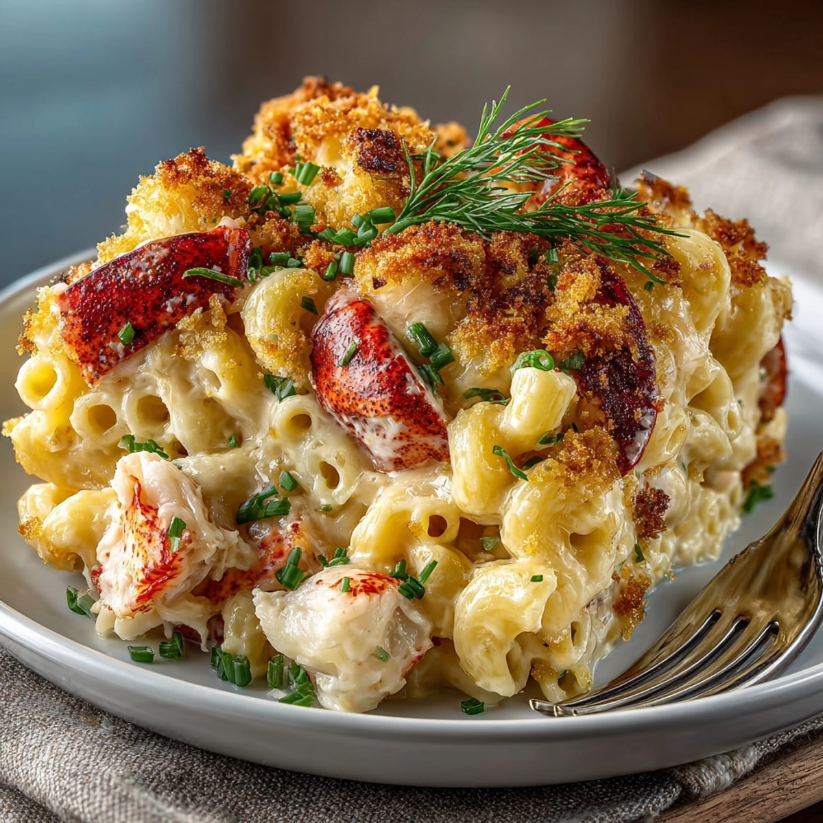 A close-up of a delicious bowl of Coastal Lobster Roll Mac and Cheese, a comfort food favorite.