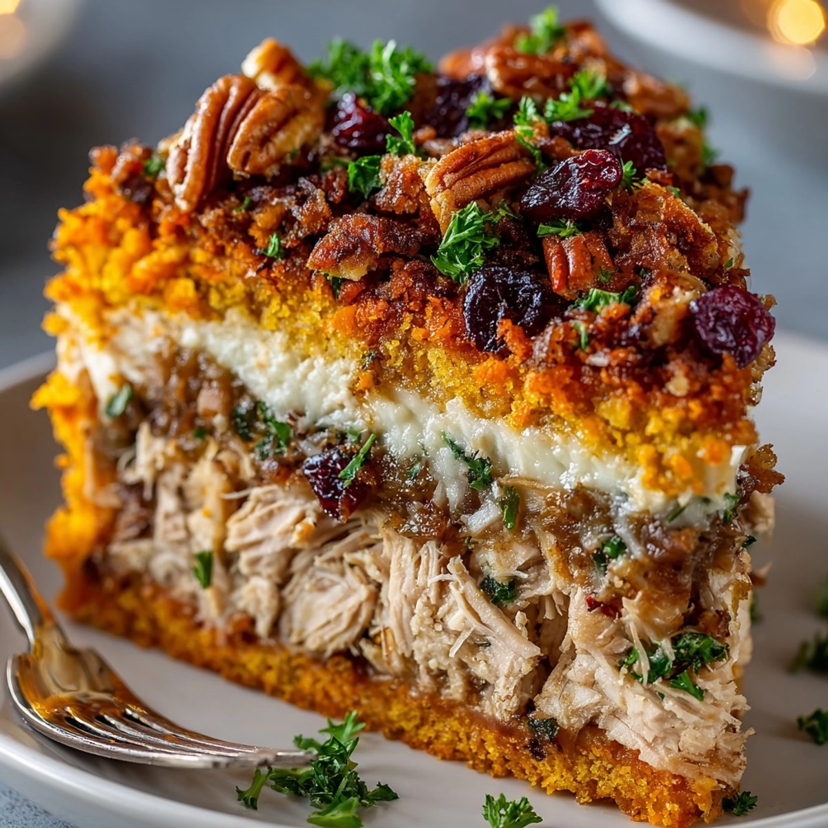 A towering Chaos Cake Thanksgiving Turkey Disaster with a golden sweet potato crumble topping, ready to serve.