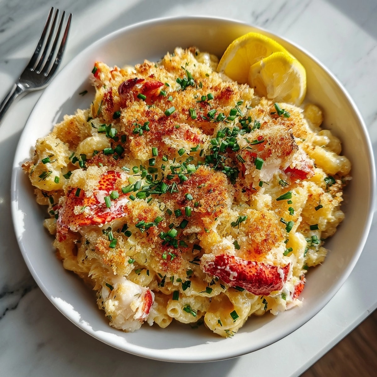 Golden-baked Coastal Lobster Roll Mac and Cheese with fresh chives, a seafood delight.
