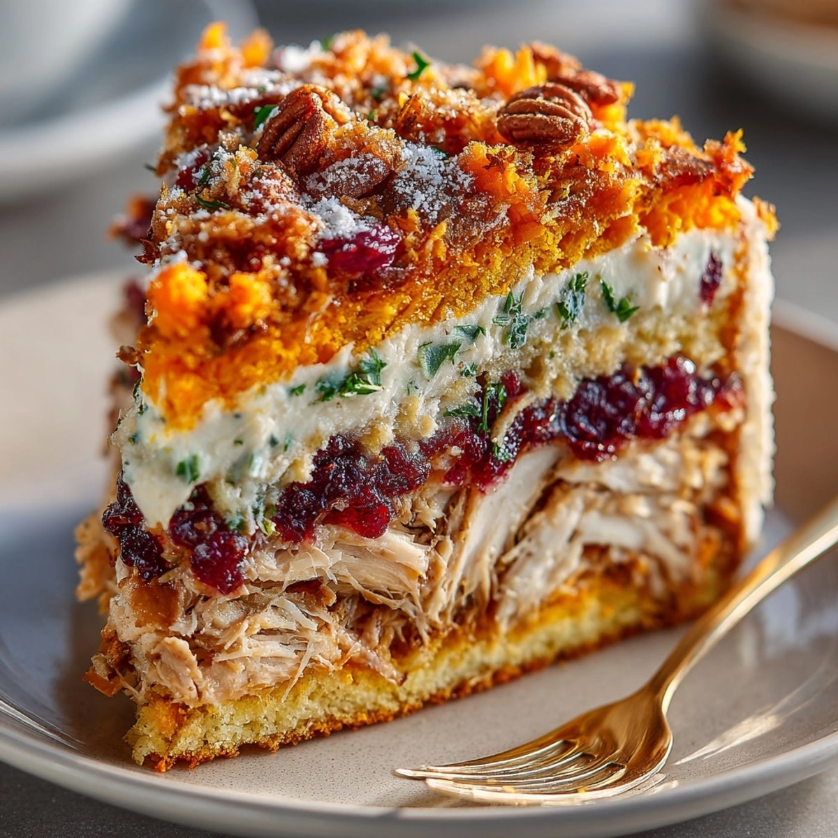 The savory-sweet, layered Chaos Cake Thanksgiving Turkey Disaster image showcases moist cake and a crispy sweet potato crumble.