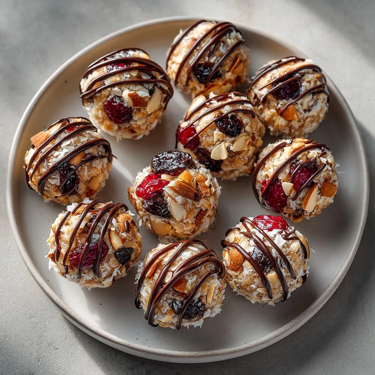 Close-up of appetizing Cherry Holiday Energy Bites, ready to enjoy as a healthy and flavorful treat.