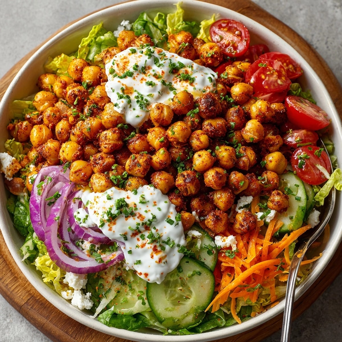 Vibrant, colorful Buffalo Chickpea Power Bowl showcasing the spicy chickpeas with fresh vegetables and creamy yogurt.