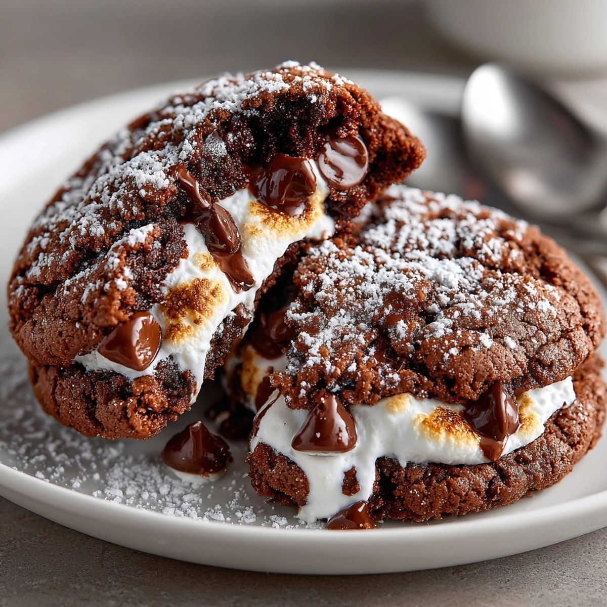 Warm, gooey Hot Cocoa Marshmallow-Stuffed Cookies, perfect with a dusting of powdered sugar.