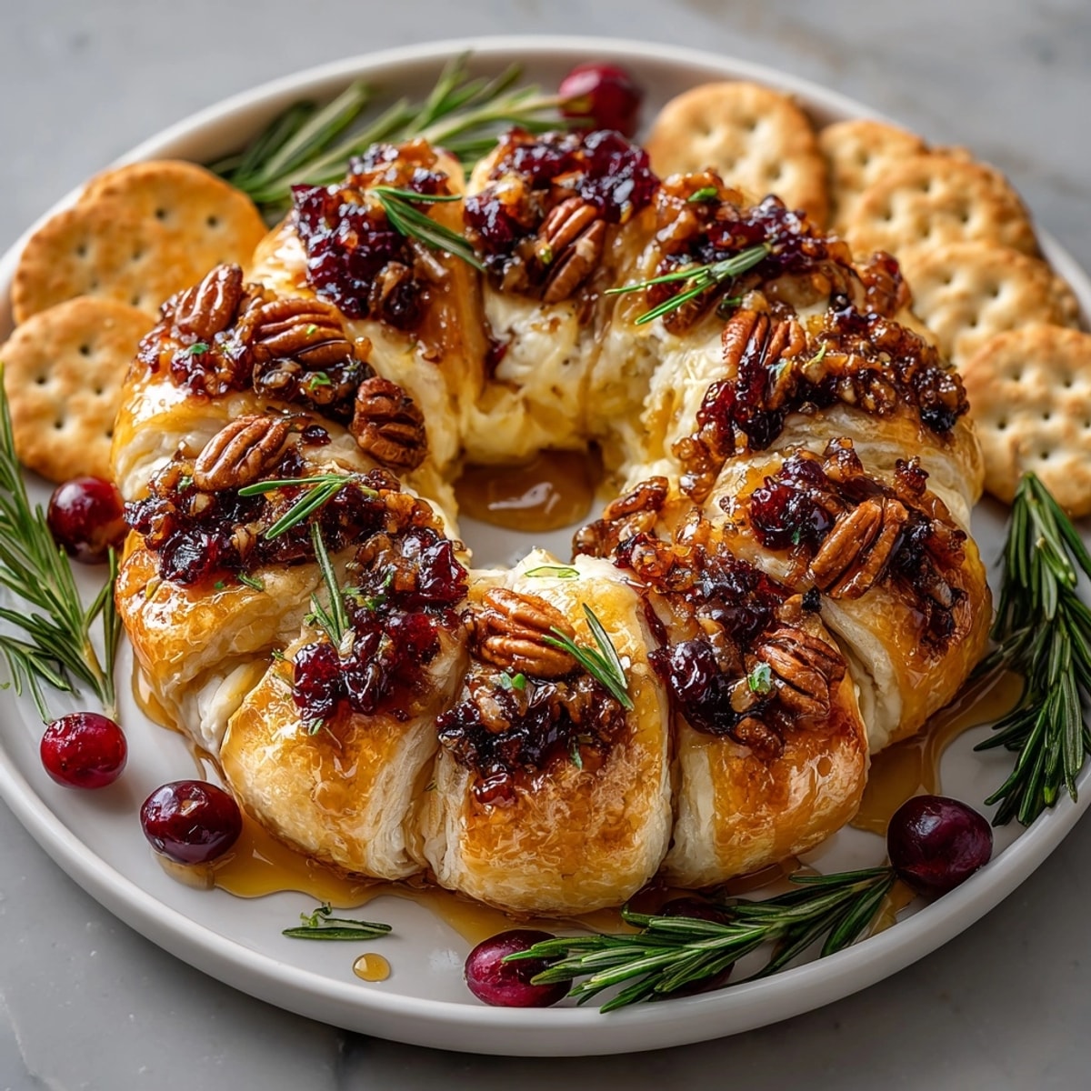 Golden-baked Cranberry Brie Puff Pastry Wreath, ready to slice and serve with warm, melty cheese.
