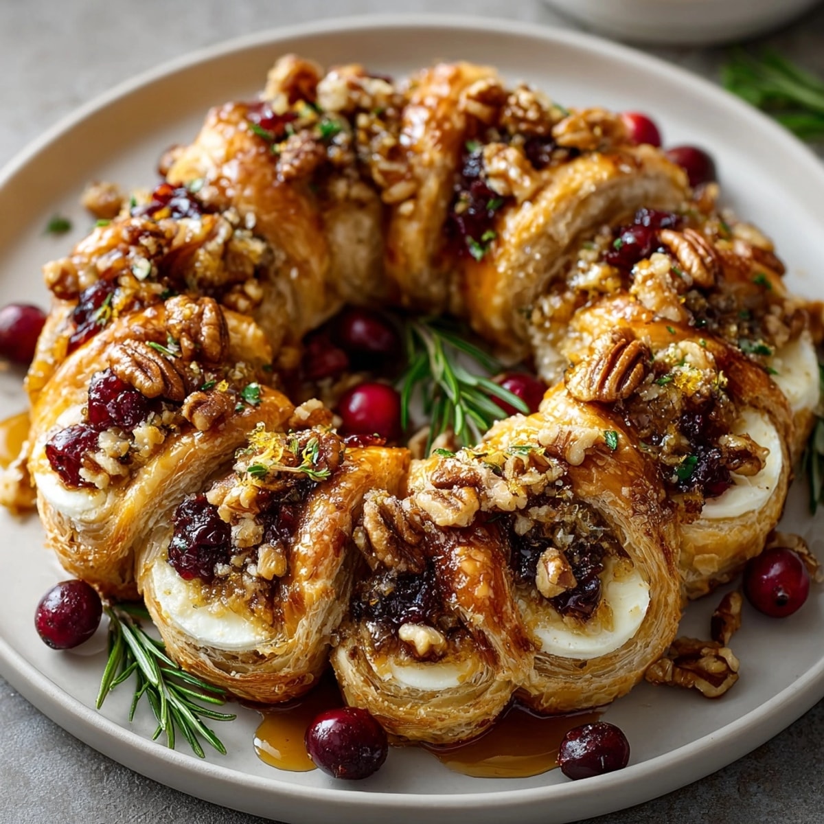 Festive Cranberry Brie Puff Pastry Wreath, showcasing a pull-apart golden pastry perfect for holiday gatherings.