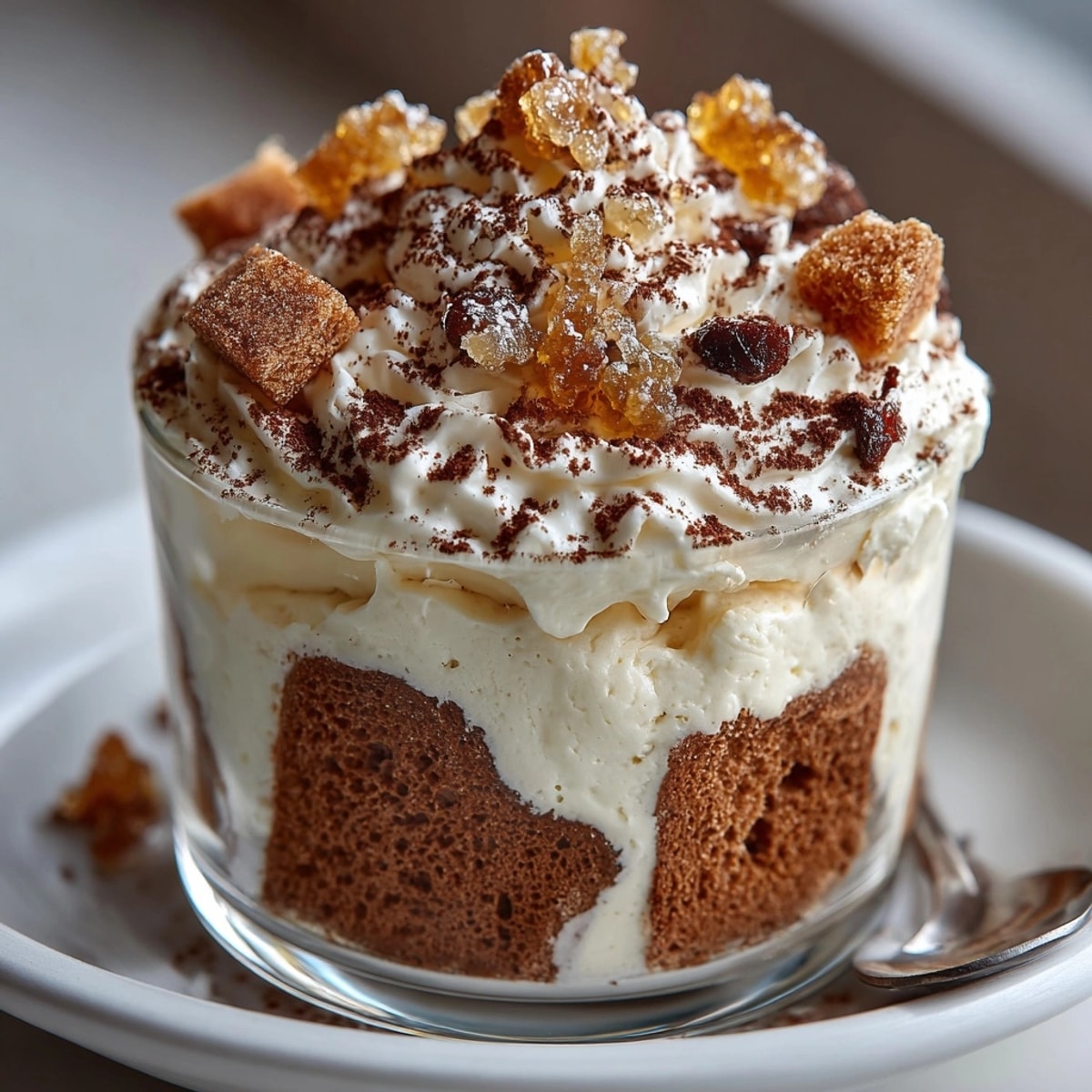 Gingerbread Tiramisu Cups: Fluffy mascarpone cream layers between spiced gingerbread, a delightful holiday dessert.