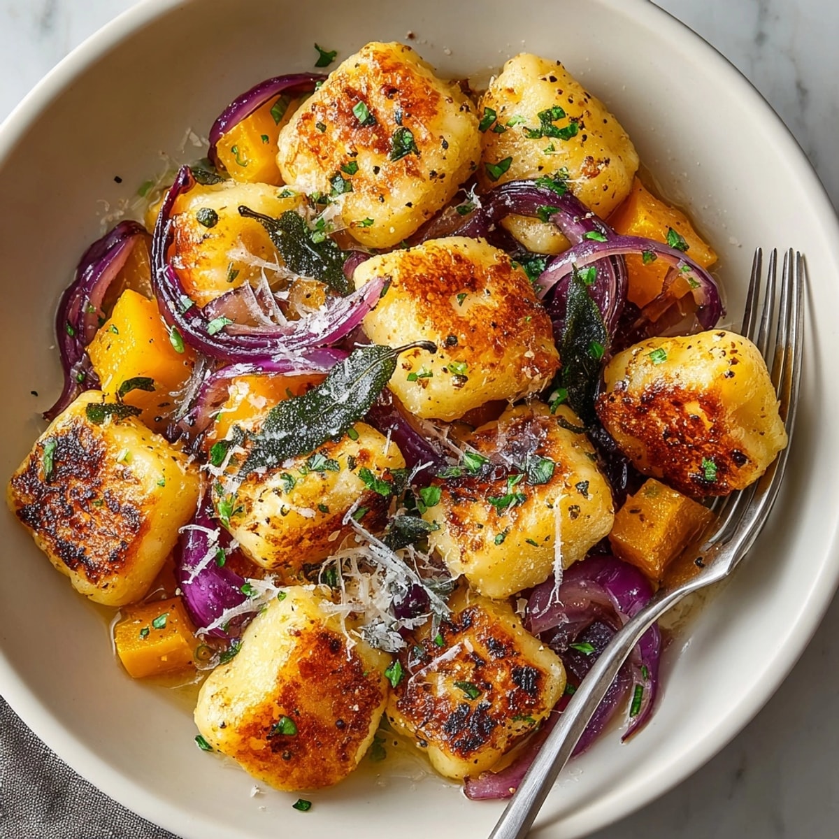 Roasted, golden sheet-pan gnocchi with butternut squash, sage, and brown butter, ready to serve.