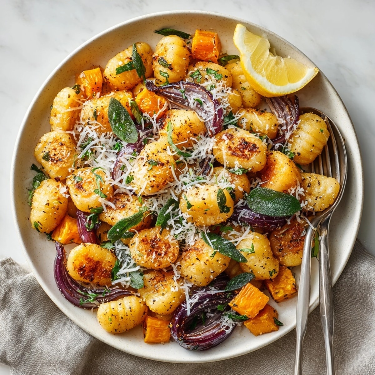 Hot, colorful sheet-pan gnocchi with butternut squash; consider serving with lemon wedges.