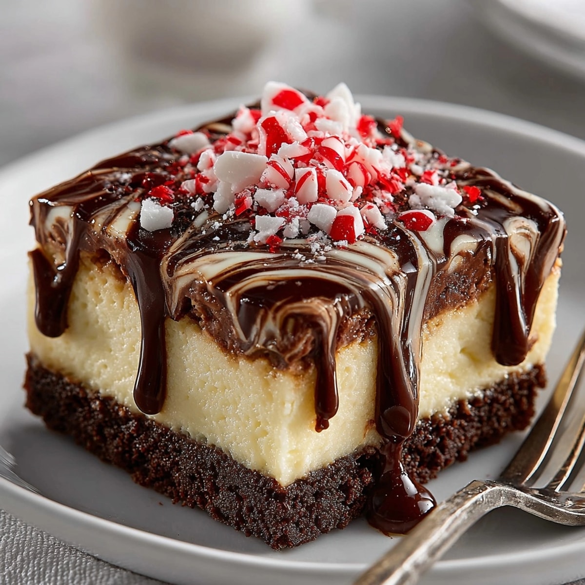 Delicious Peppermint Bark Cheesecake Bars with a swirl of dark and white chocolate, ready to serve.