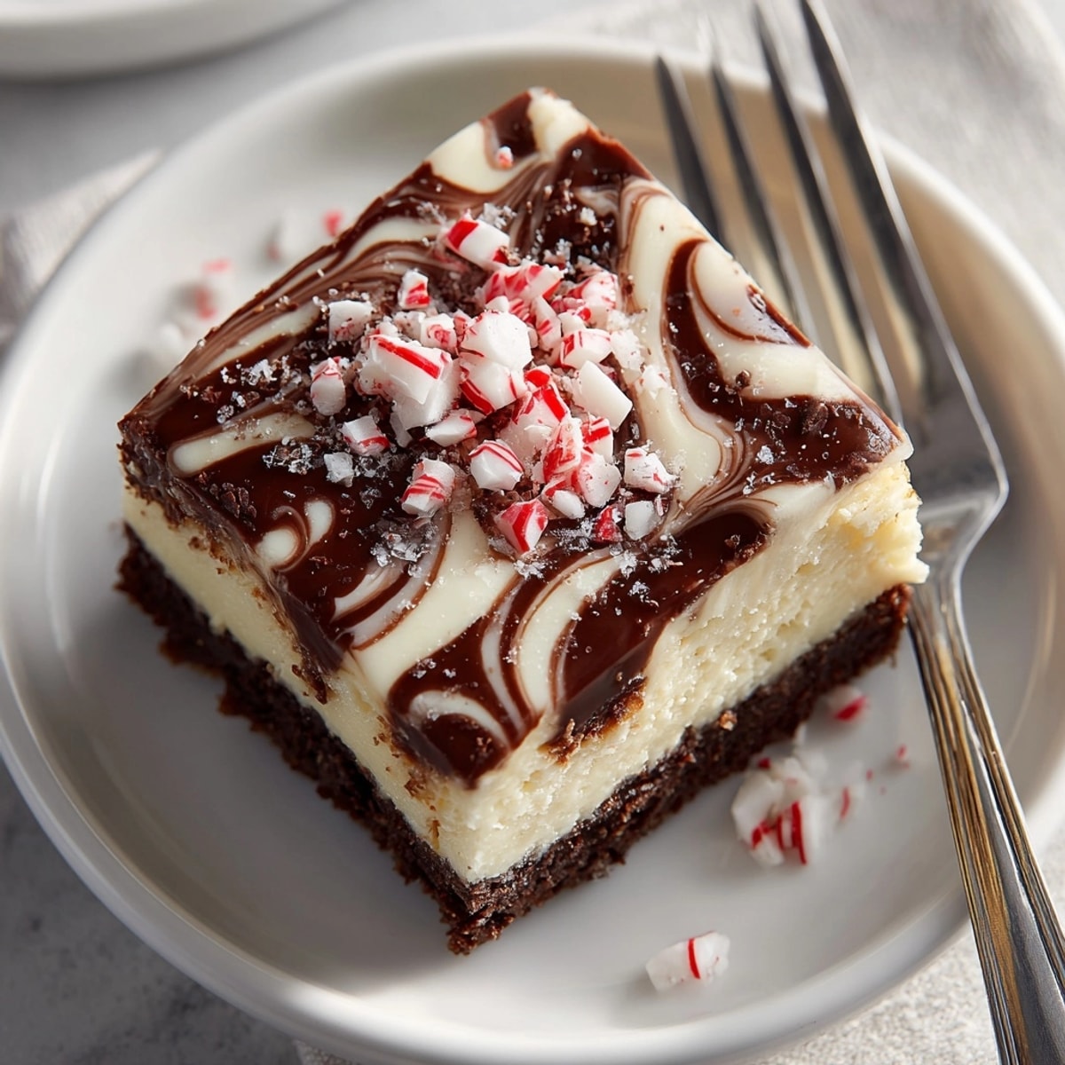 Homemade Peppermint Bark Cheesecake Bars, showcasing a festive swirl and bright crushed candy topping.