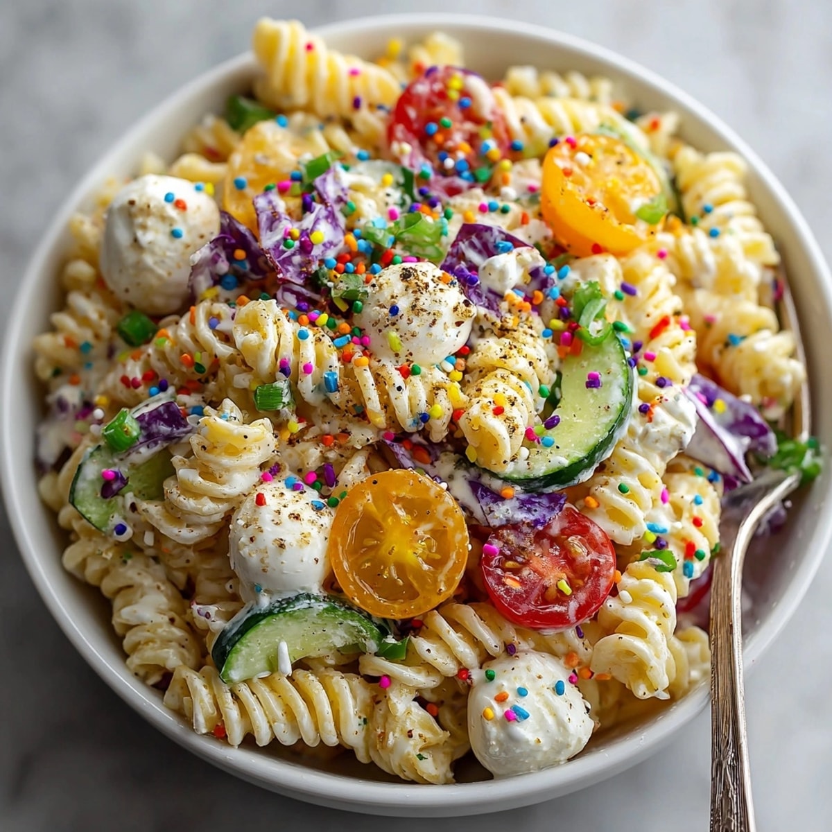 Vibrant Chaos-Style Funfetti Birthday Pasta Salad loaded with pasta, fresh veggies, and a creamy dressing.