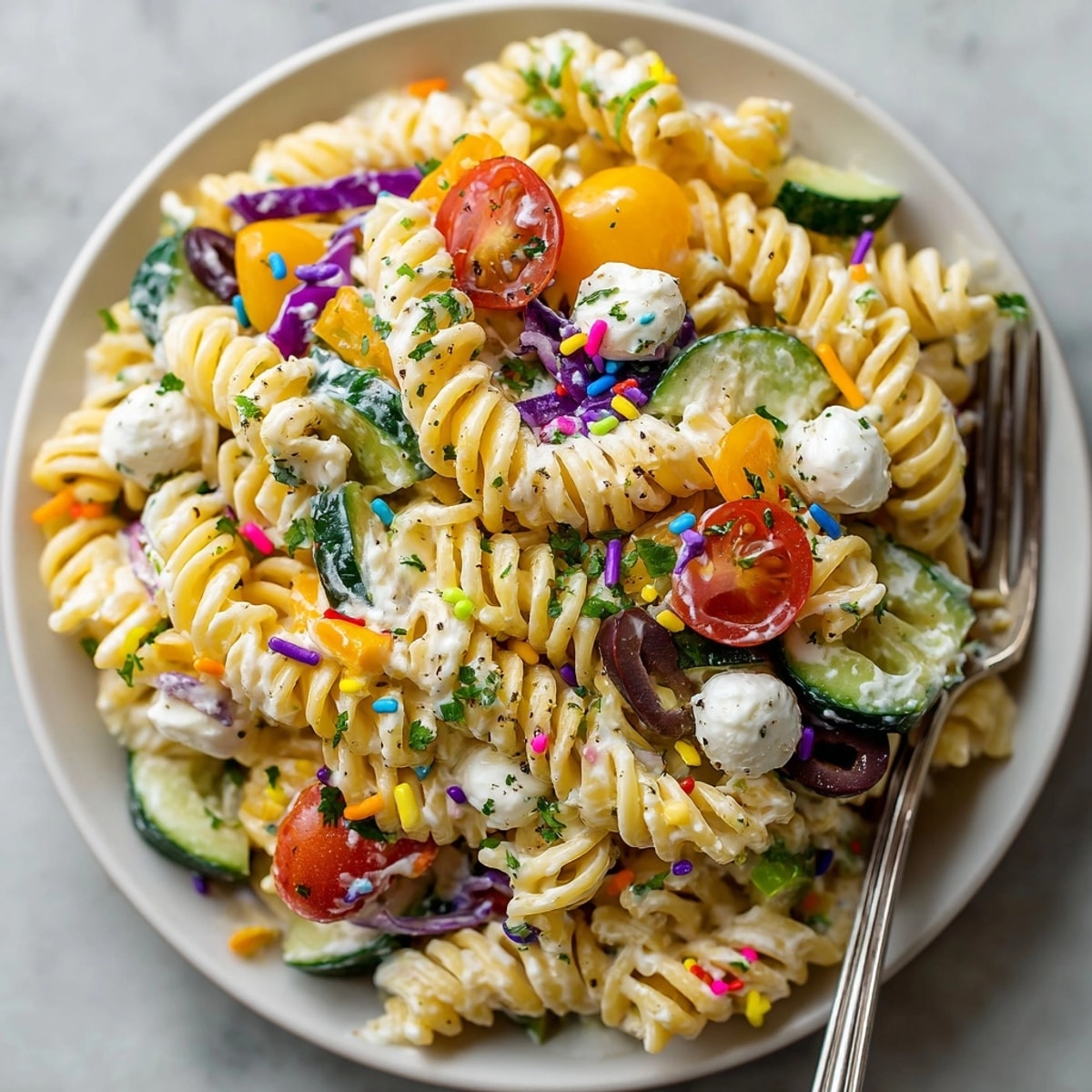 A close-up of the celebratory Chaos-Style Funfetti Birthday Pasta Salad, topped with colorful sprinkles and fresh herbs.
