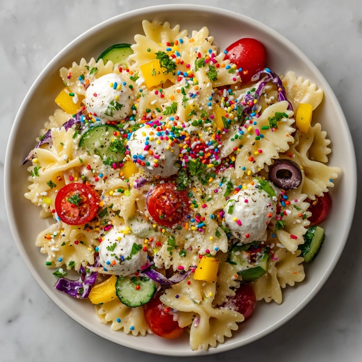 This delicious Chaos-Style Funfetti Birthday Pasta Salad features a rainbow of ingredients in a chilled bowl for serving.