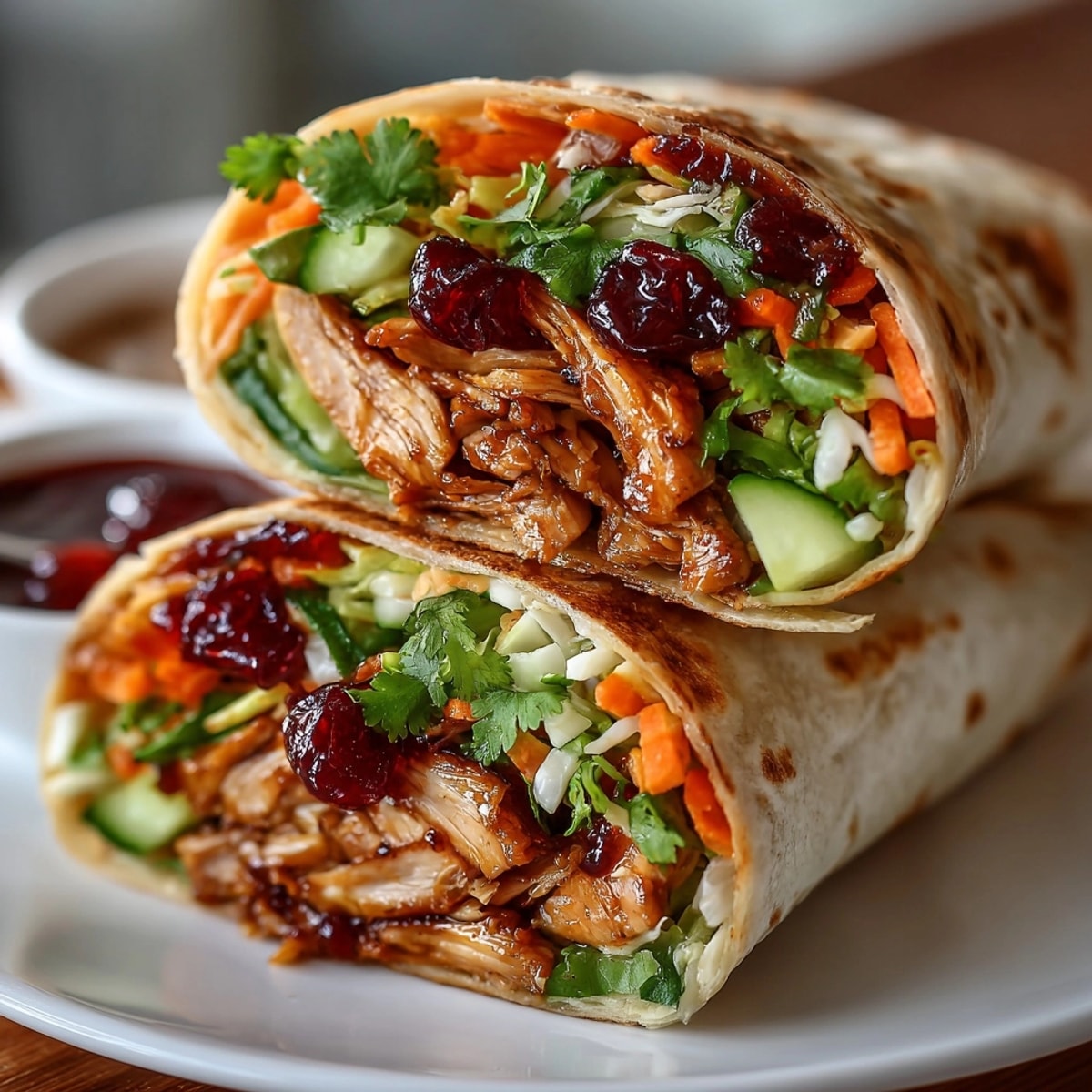 Sweet and Sour Cherry Chicken Wraps, filled with tender chicken and vibrant veggies, ready to eat!
