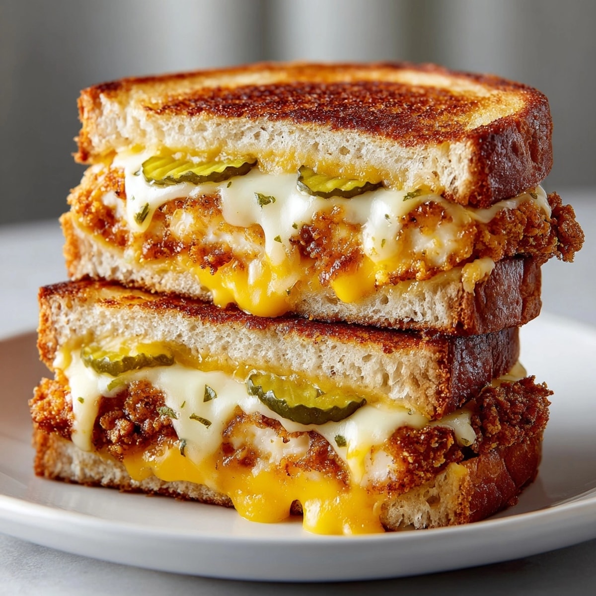 Golden, crispy pickle-brined fried chicken grilled cheese, oozing with melty cheddar cheese and perfectly toasted sourdough.