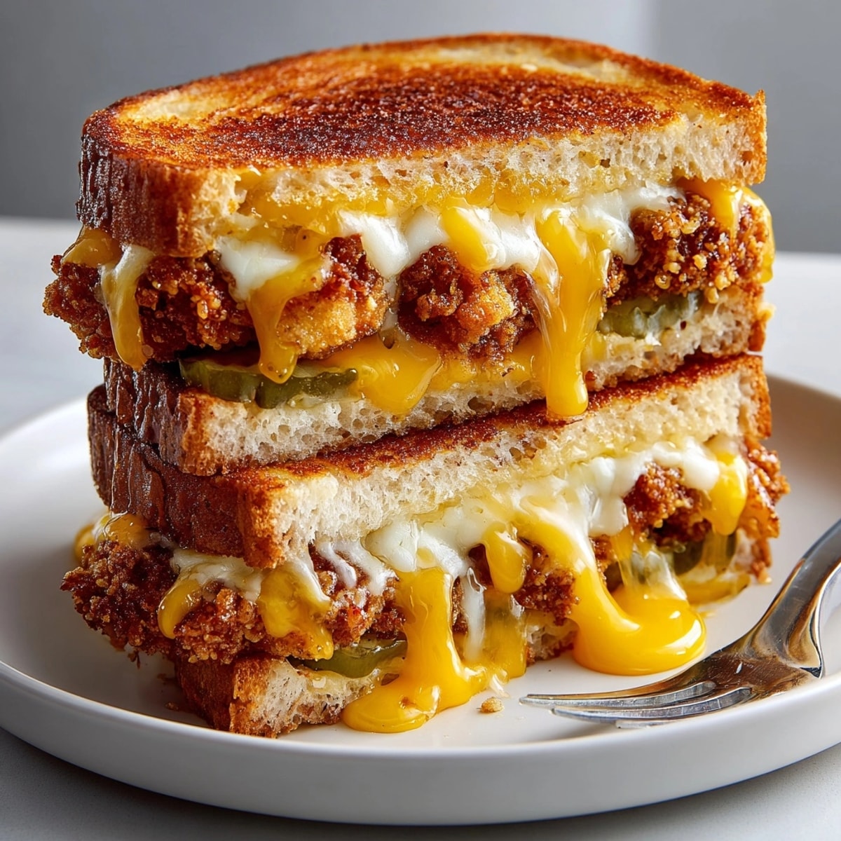 Close-up of a delicious pickle-brined fried chicken grilled cheese, ready to be sliced and served for a comforting meal.