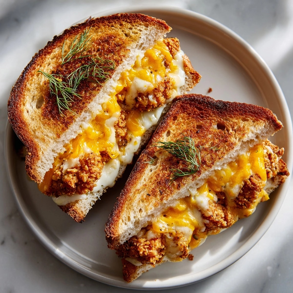 Mouthwatering pickle-brined fried chicken grilled cheese with crunchy crust and savory filling, ideal for a quick lunch.