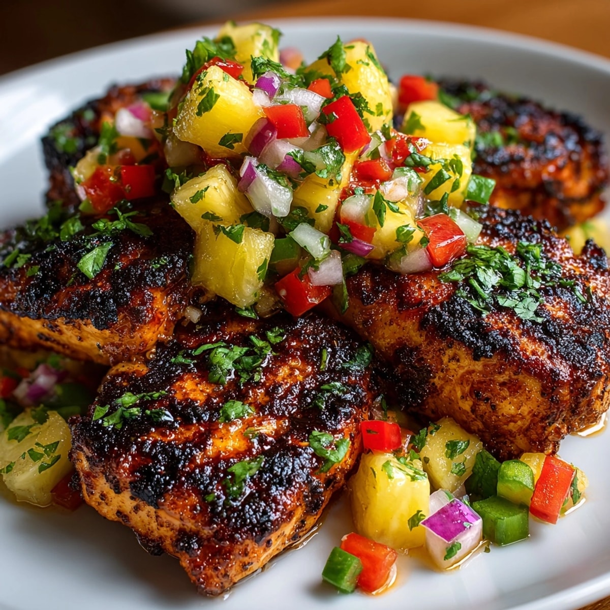 Grilled Pineapple Salsa Chicken, sizzling hot, drizzled with colorful, sweet pineapple salsa.