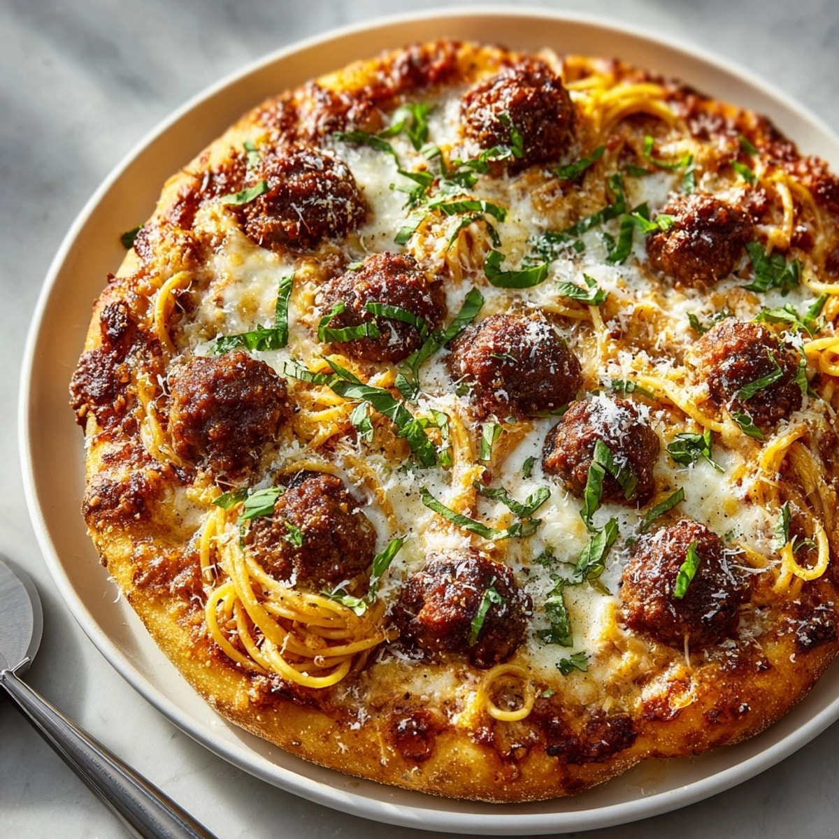 Spaghetti and Meatball Pizza topped with melted mozzarella, juicy meatballs, and fresh basil.