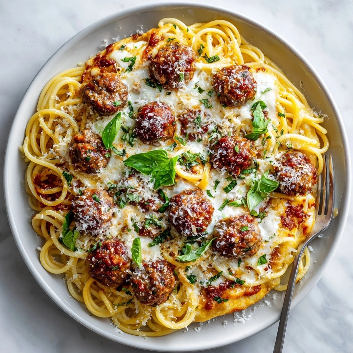 A close-up look at a cheesy, bubbly Spaghetti and Meatball Pizza, ready to be cut and enjoyed.