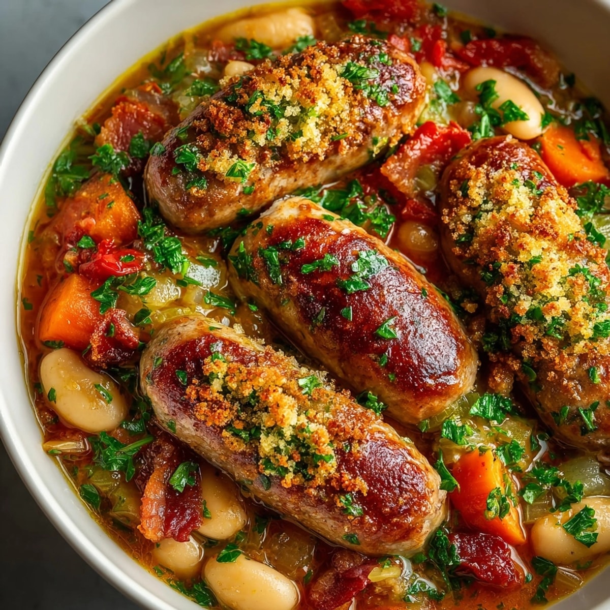 Steaming hot Sausage and Bean Cassoulet bubbling in a Dutch oven, ready for a comforting, flavorful meal.