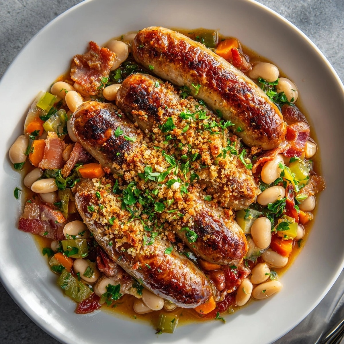 Golden, crispy breadcrumb topping on Sausage and Bean Cassoulet, with visible sausage pieces and rich, savory sauce.