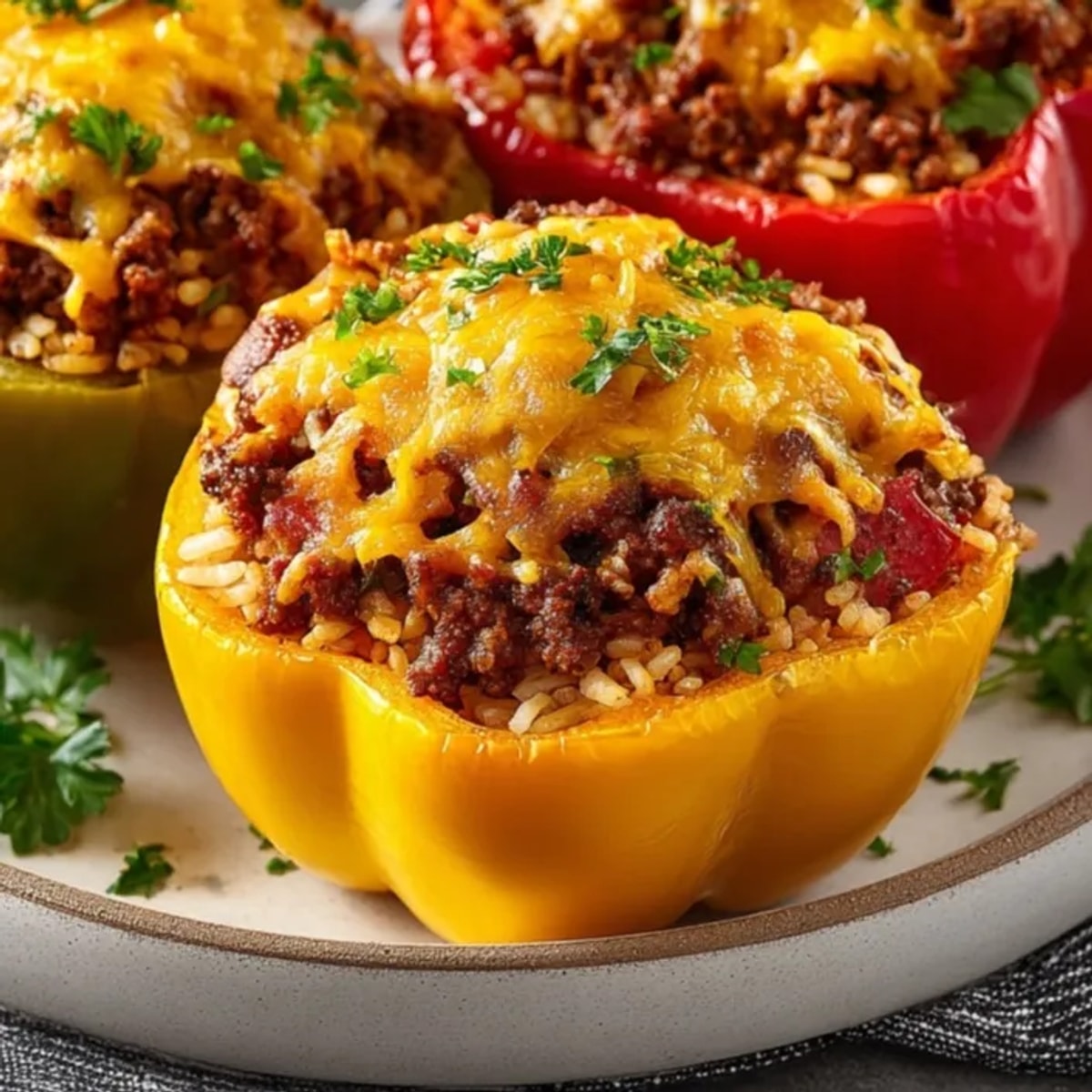 Golden-brown Beef and Rice Stuffed Peppers, savory and hot, ready to serve for dinner.