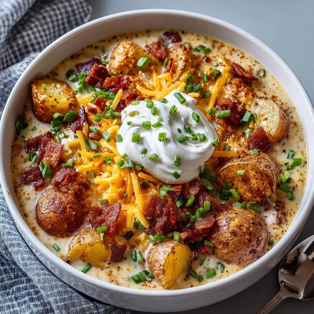 A steaming bowl of Loaded Baked Potato Chowder with visible chunks of potato and crispy bacon, ready to enjoy.