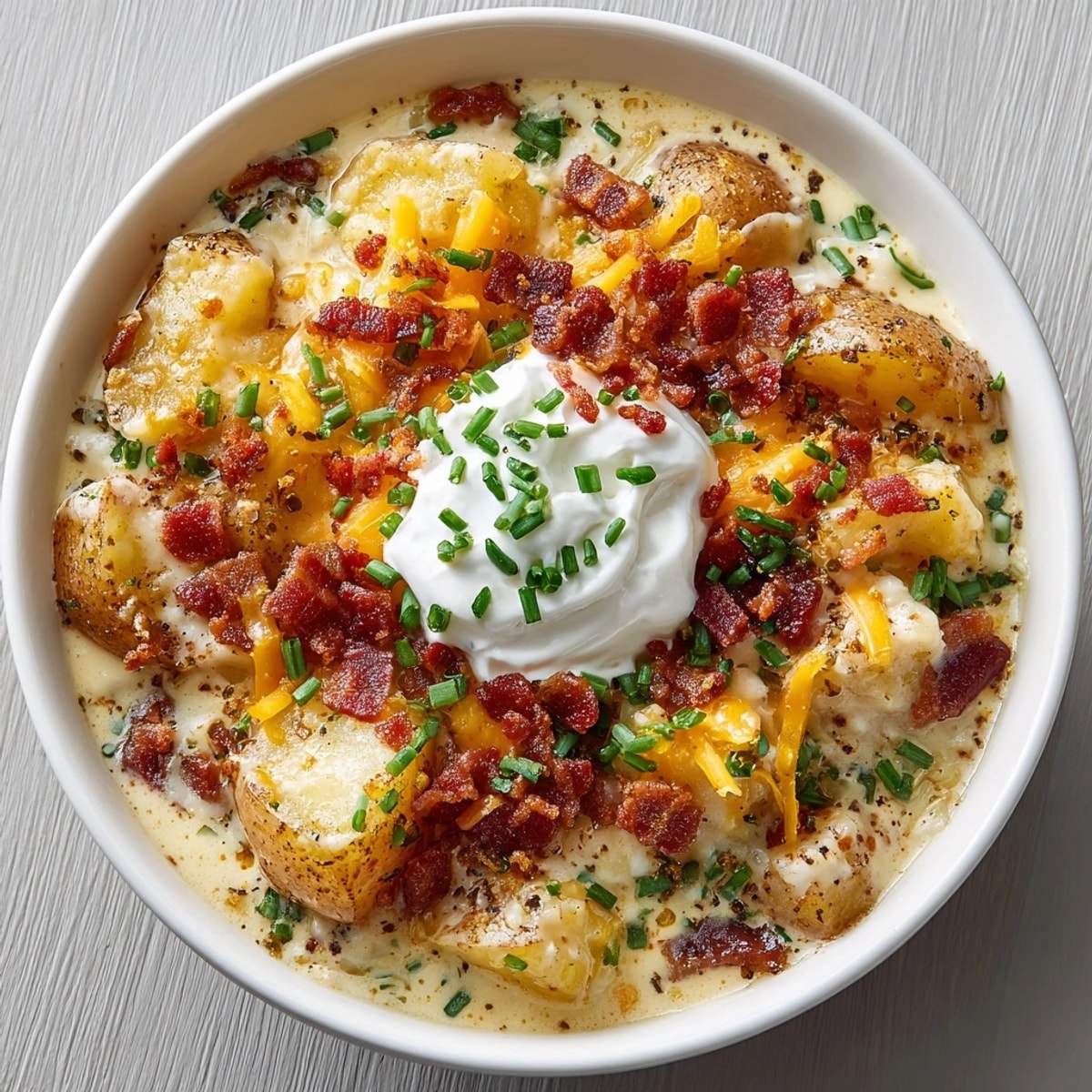 Imagine a richly textured Loaded Baked Potato Chowder, garnished with fresh chives and extra cheddar cheese for a delightful meal.