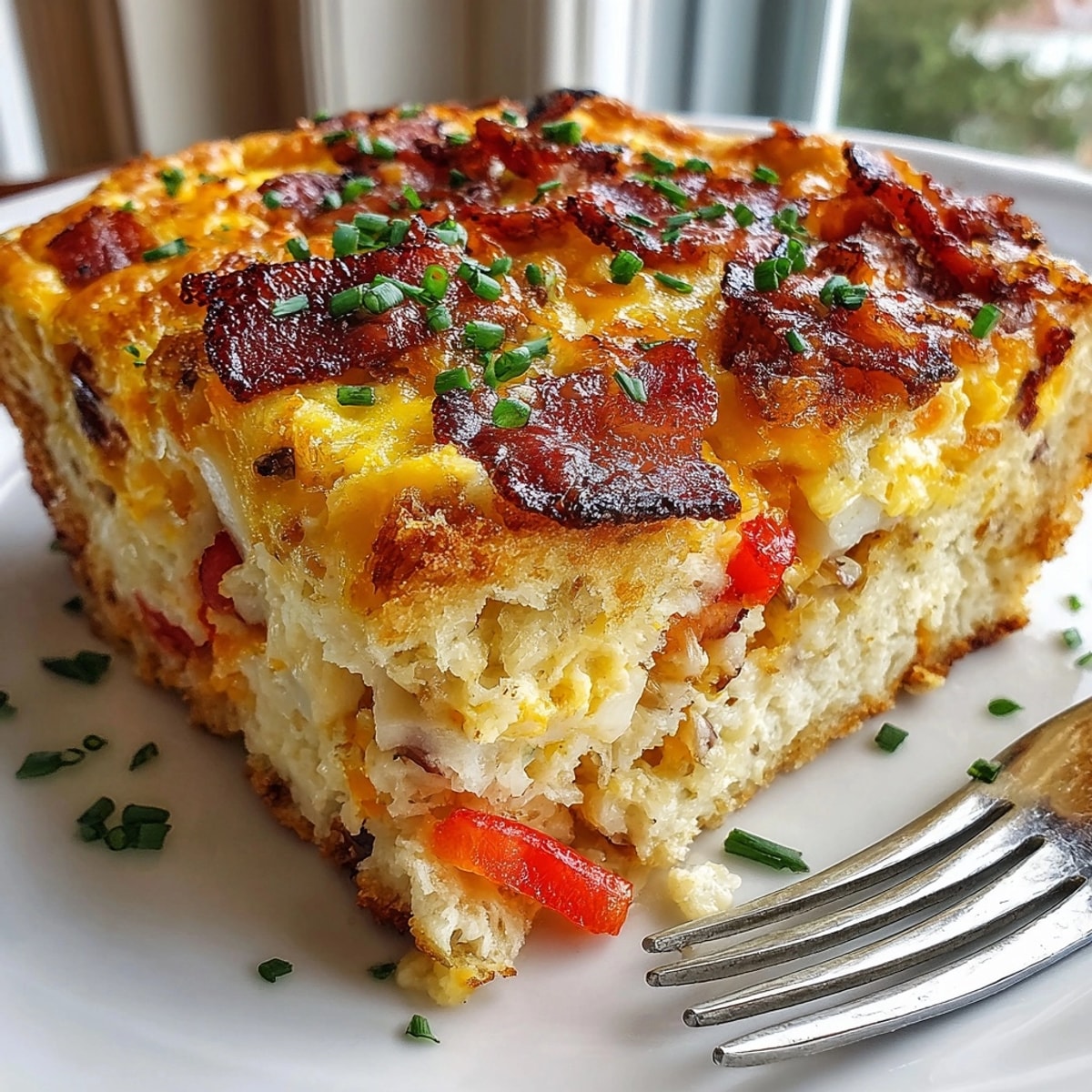 Crispy bacon and golden, bubbly cheese layers baked into a delicious Bacon Egg and Cheese Breakfast Casserole.