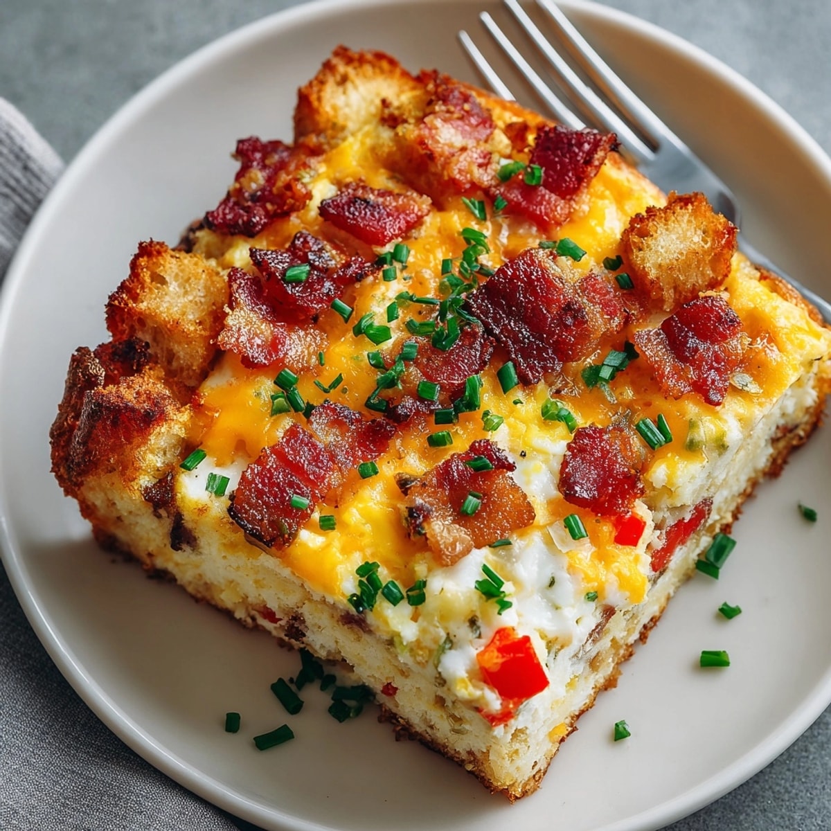 Homemade Bacon Egg and Cheese Breakfast Casserole, featuring fluffy eggs and flavorful bacon mixed with cheese.