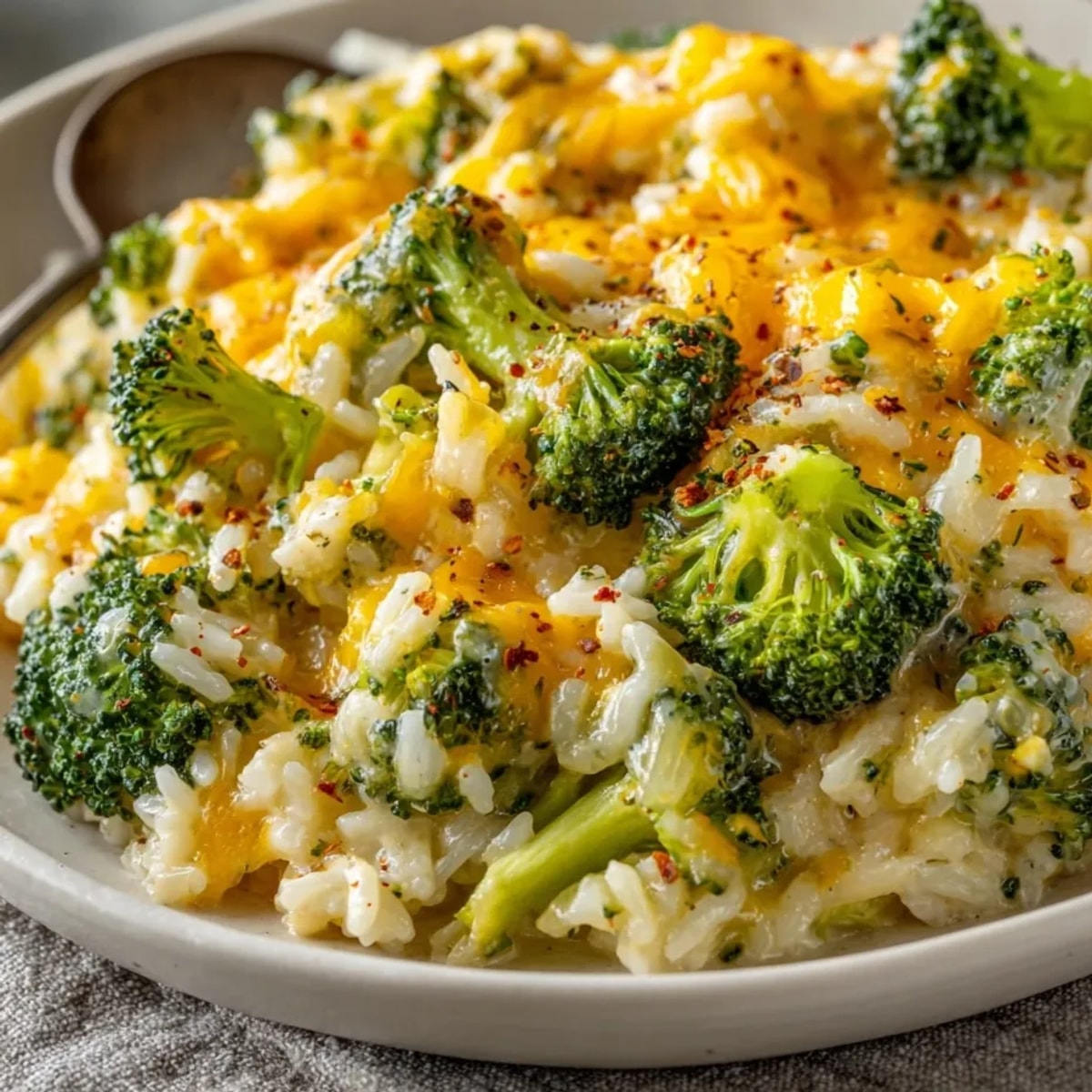 Cheesy Broccoli Rice Skillet: a bubbling, cheesy skillet with vibrant broccoli and fluffy rice, ready to serve.