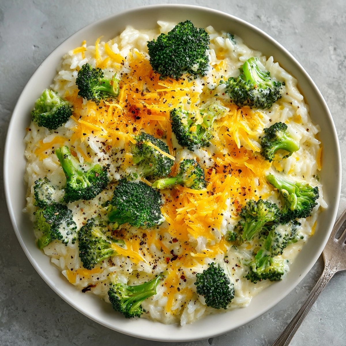 Imagine a comforting bowl of Cheesy Broccoli Rice Skillet with melted cheese, inviting broccoli florets, and creamy sauce.