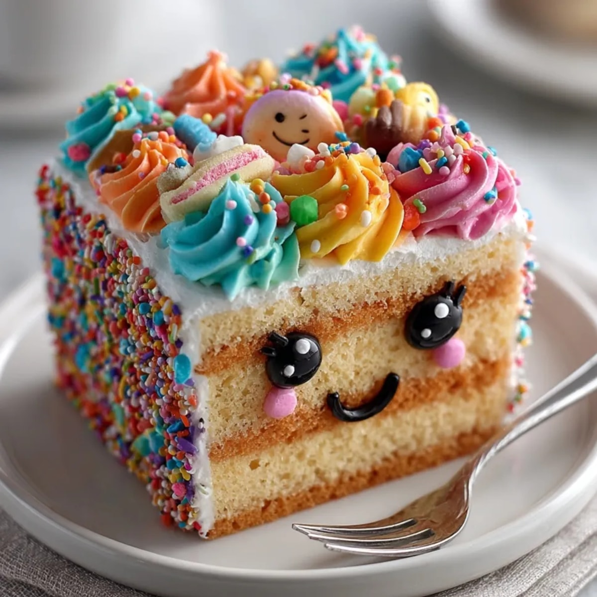 A close-up shows a vibrantly decorated funny bento cake with bright pink frosting and sprinkles.