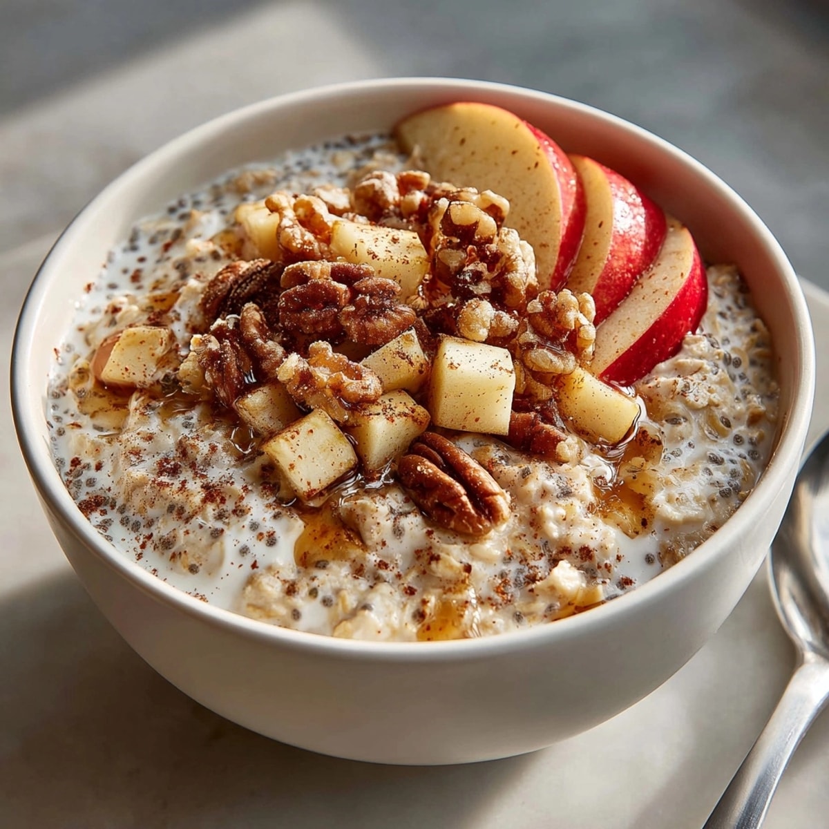 Creamy Apple Cinnamon Overnight Oats, a delightful breakfast with diced apples and warm spices.