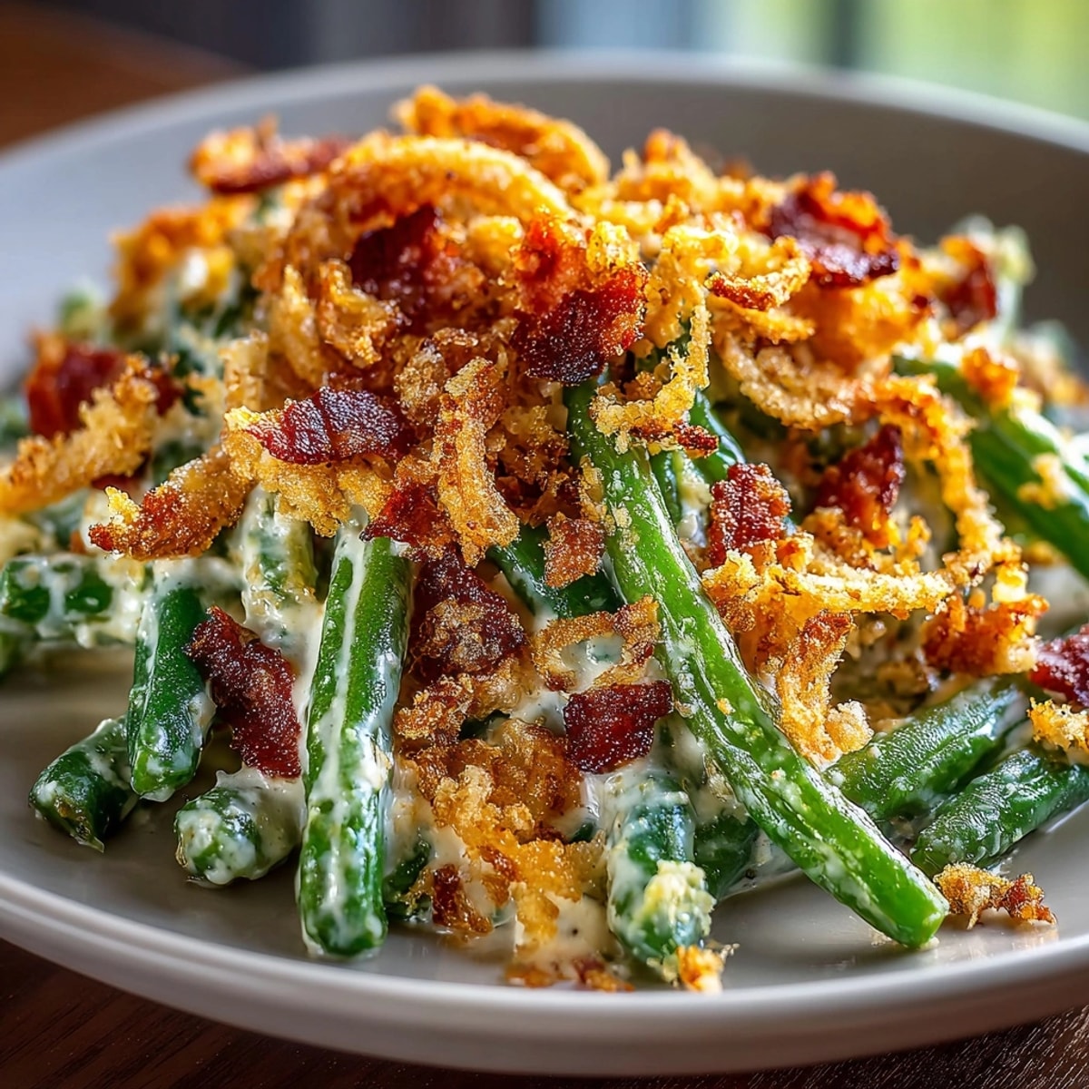 Golden, bubbly Cheddar Bacon Green Bean Casserole, a comforting side dish ready to eat.