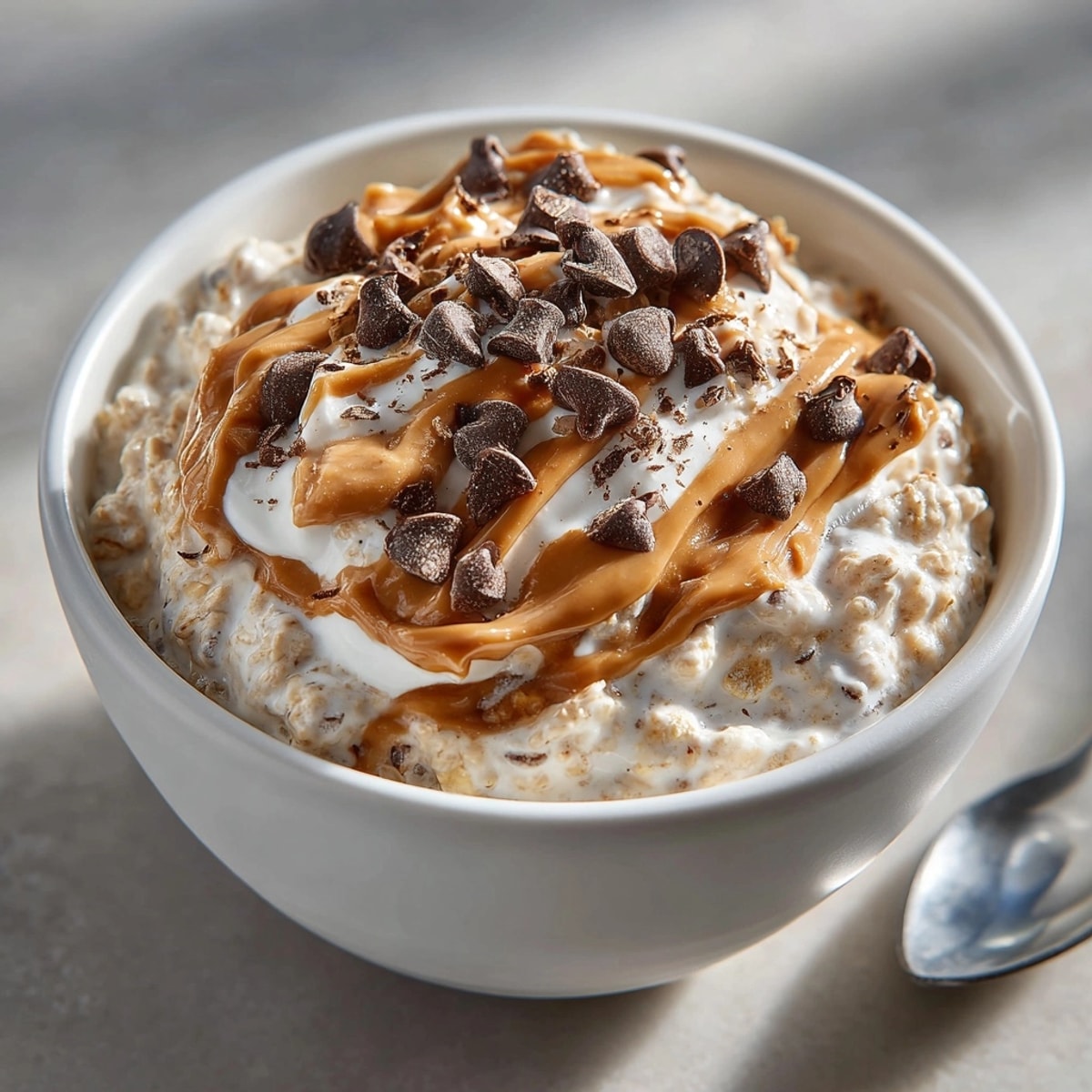 Close-up of Peanut Butter Chocolate Chip Overnight Oats topped with extra chocolate chips and drizzled peanut butter.