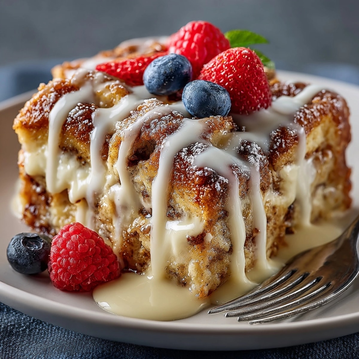 Golden baked Cinnamon Roll French Toast Casserole bubbling in a dish, ready for a cozy brunch.