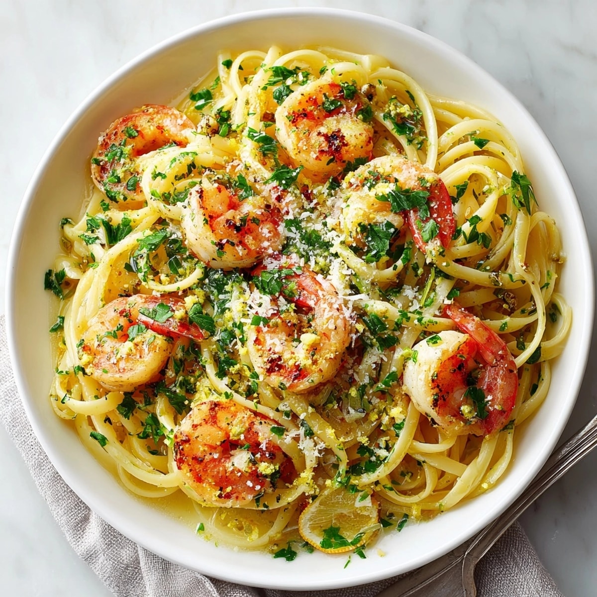 Garlic Butter Shrimp Pasta with Fresh Herbs glistening in a skillet, garnished with lemon wedges.